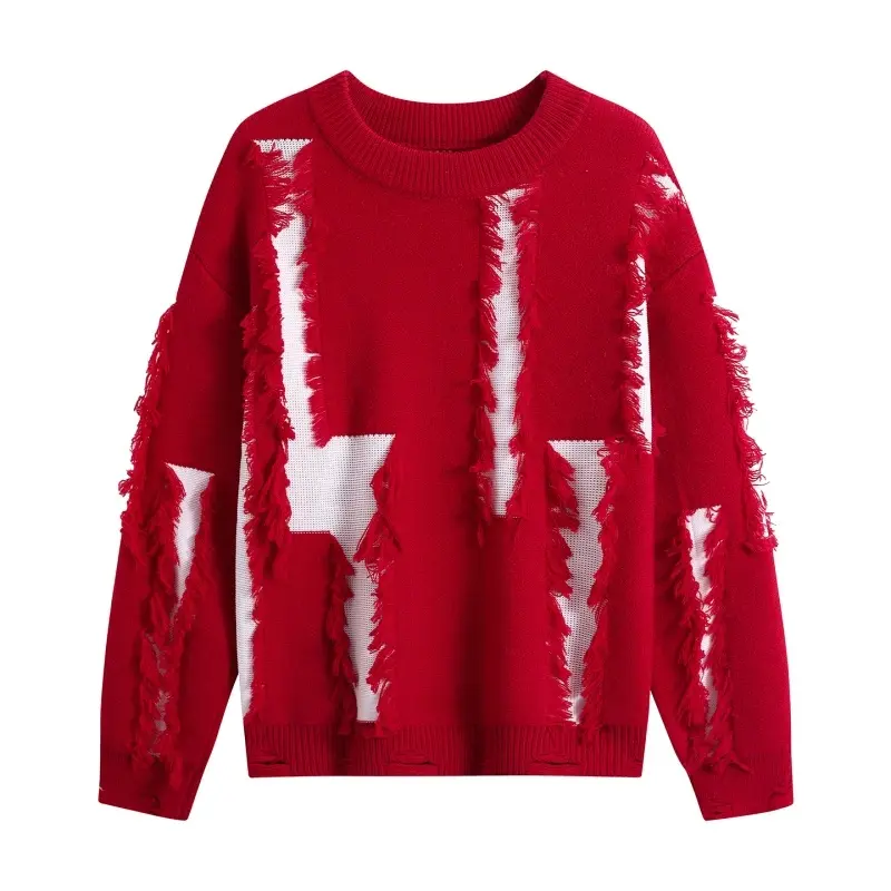 Men'S American High Street Deconstructed Style Frayed Edge Ripped Crew Neck Sweater, Suitable For All Seasons, American Street Style Unique Men'S Long Sleeve Sweater, Couple'S Matching Unique Trendy Sweater