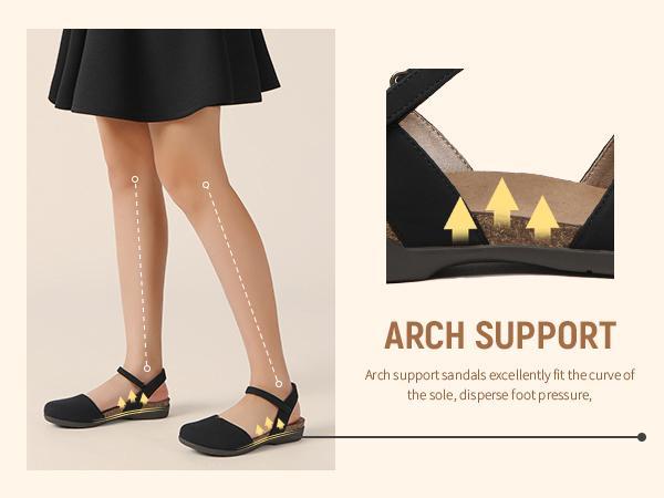 Athlefit Women's Closed Toe Sandals Comfort Cork Footbed Arch Support Flat Sandals Footwear Walking Shoes Black Summer