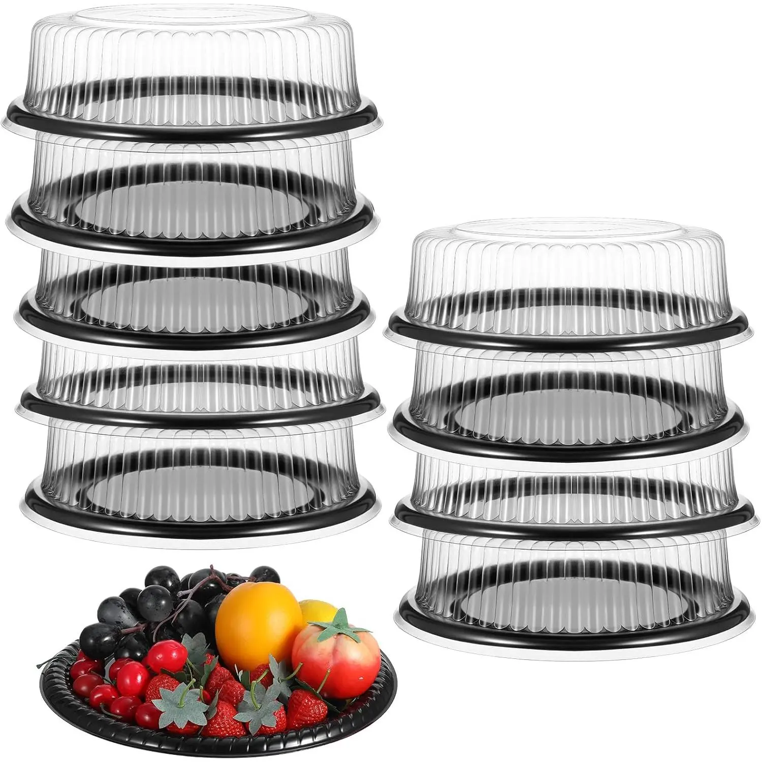 10 Pack Heavy Duty 12-Inch Catering Trays with Clear  - Durable  Plastic Round Serving Platters for Party, Sandwich, Veggie & Dessert Displays