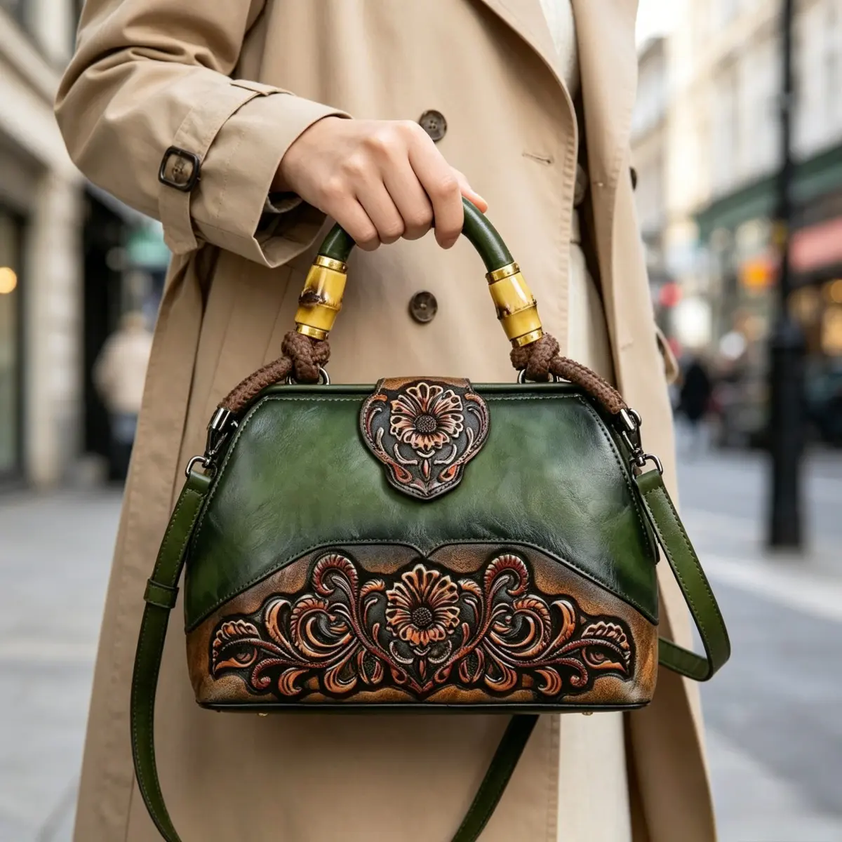 Women's retro brown synthetic leather handbag with embossed flower pattern, retro bamboo handle handbag, detachable diagonal strap and gold hardware, elegant oriental embossed handbag, suitable for daily commuting and bohemian casual wear