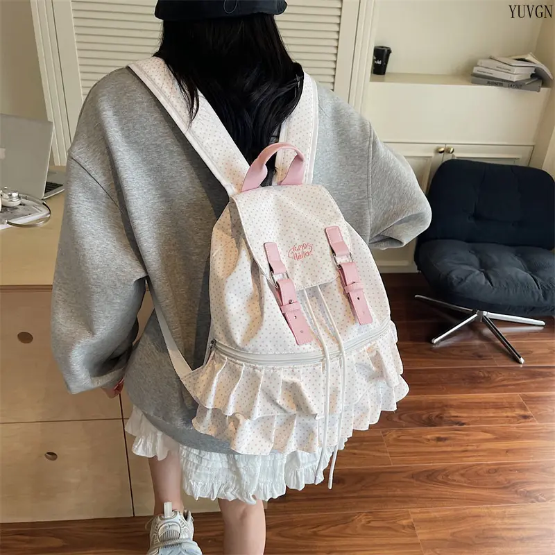 Kawaii Ruffled Polka Dot Backpack for Women and Girls, Lightweight Drawstring Bag for School & Travel, Backpacks For School, Cute Backpacks For School