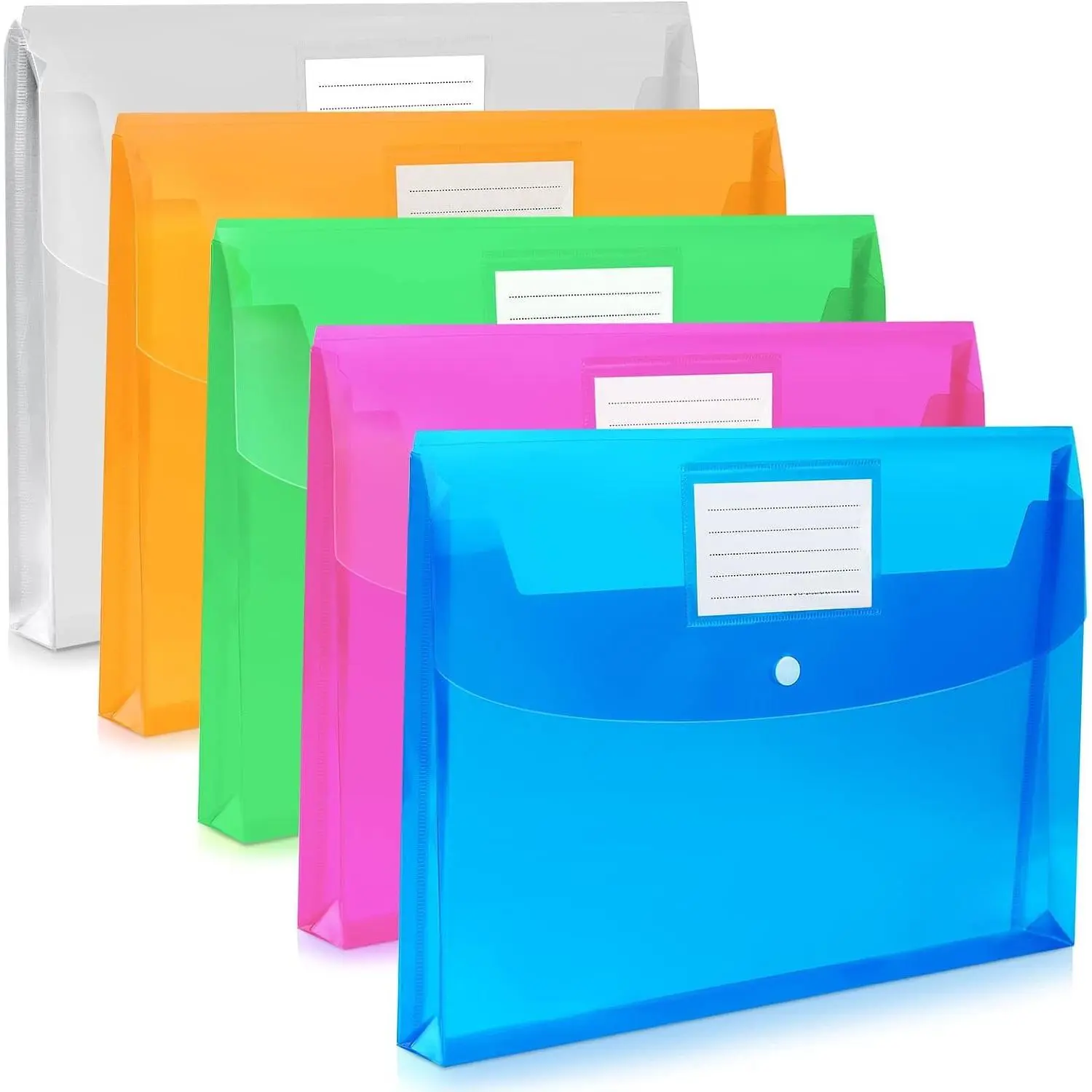 5 Pack Plastic Envelopes with Snap Closure,Large-Capacity Colored Clear Folders for Documents File Folder,Poly Envelopes A4 Letter Size(13"×9.5") for School  Office, Colors