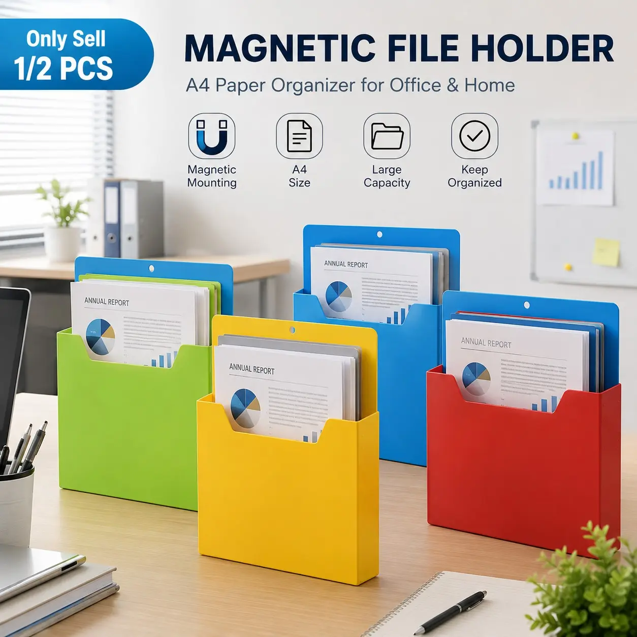 1/2PCS Magnetic File Holder, A4 Hanging Paper Organizer with Spacious Storage Pocket, Wall Mounted Document, Letter, Mail and Notebook Holder for Office, Home, School, Filing Cabinet and Whiteboard