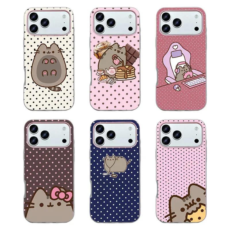 Kawaii Pastel Aesthetic Soft TPU Phone Case, Cute Cat Polka Dot Dessert Pattern, Shockproof Protective Cover for iPhone 13 14 15 16 17 Pro Max Series, Iphone Series
