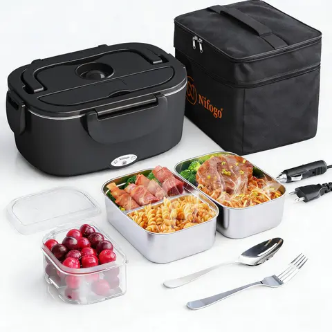 Portable 1.8L (1000-2000ml) BPA-Free Airtight Stainless Steel Electric Lunch Box for Adults, 110V Household Plug Food Heater with 12V-24V Car Adapter, Leakproof Container with Fork, Spoon, Patchwork Accessories & Insulated Carry Bag