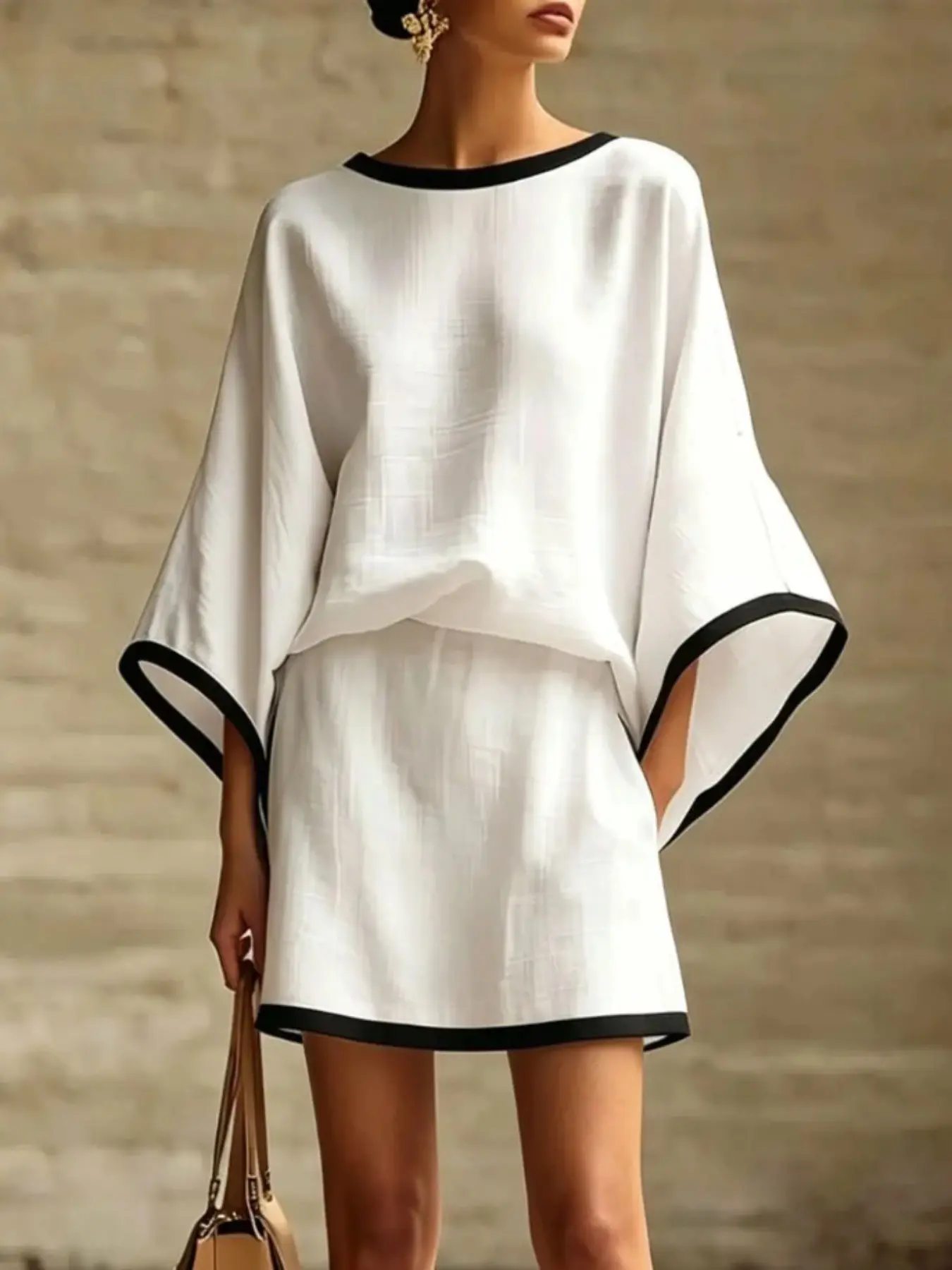 2026 New Summer Autumn European Style Casual Bat Sleeve Top and Short Skirt Set, Women's Colorblock Short Skirt, Two-Piece Fashion Set