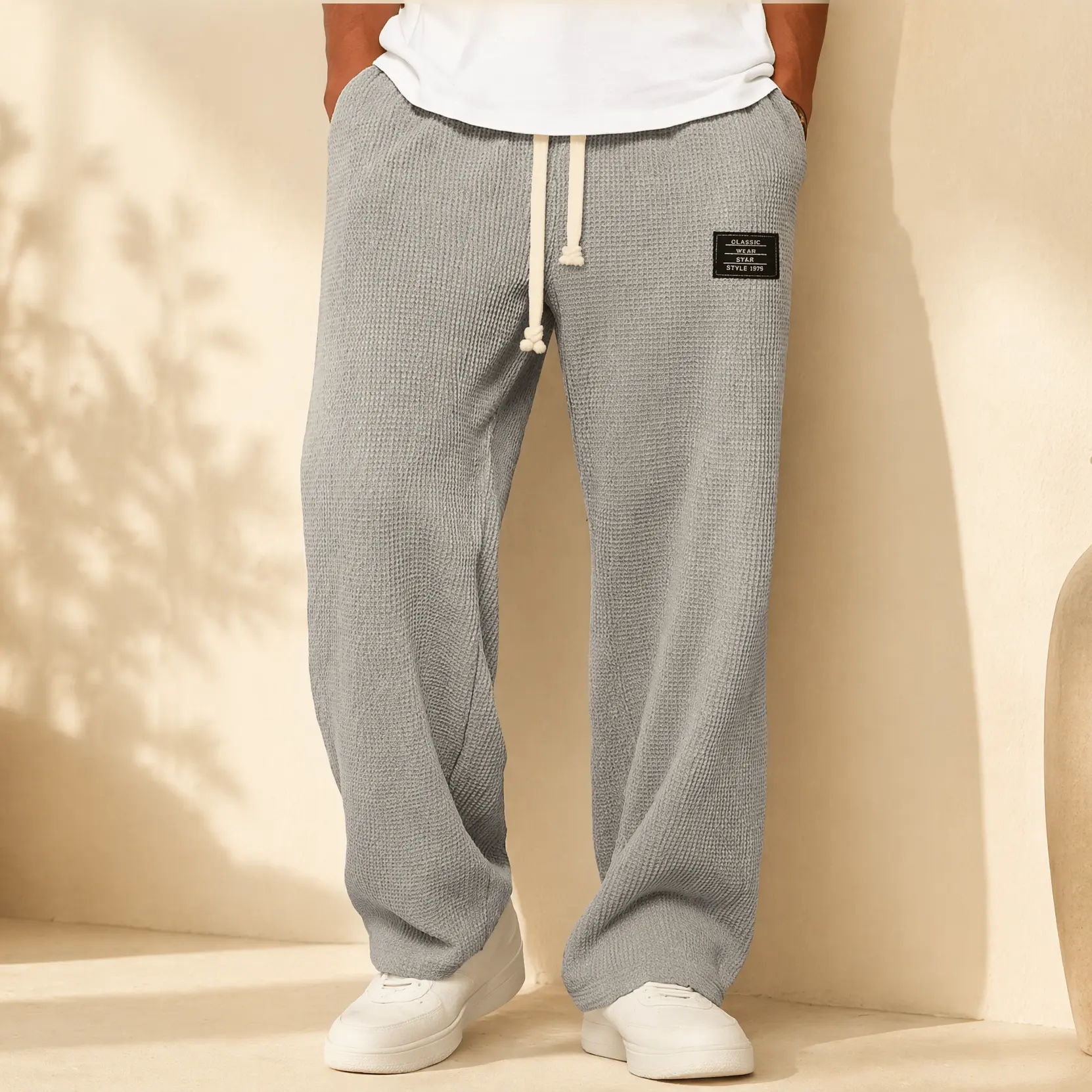 Big And Tall Men's Waffle Knit Wide Leg Sweatpants Drawstring Elastic Waist Loose Straight Fit Durable Easy Care pants for men Available For All Occasions Spring Autumn Casual Athletic Lounge Pants work pants
