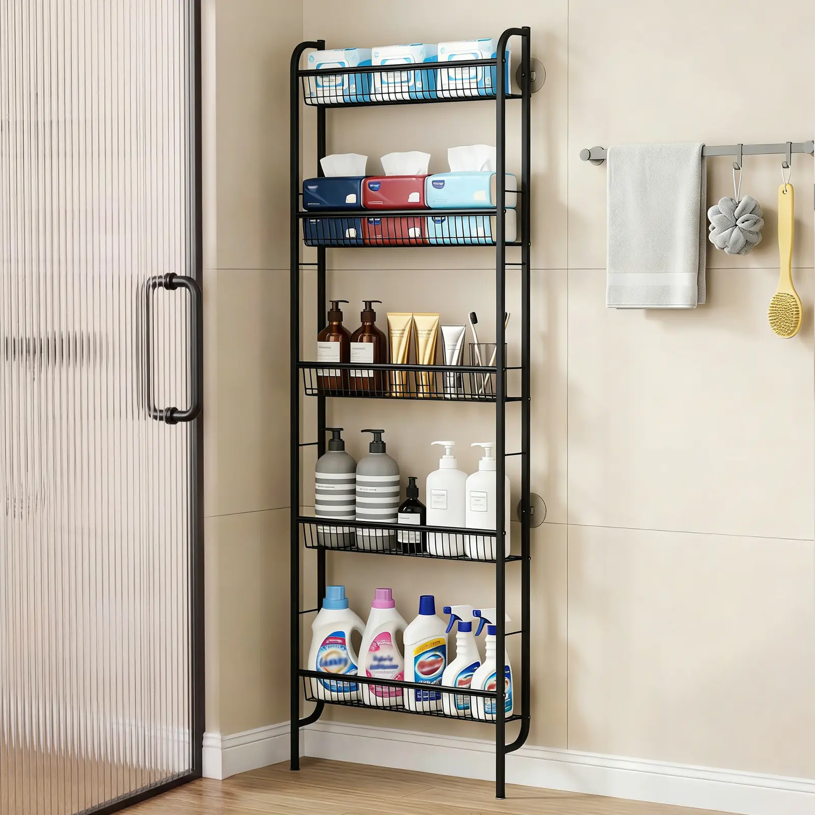 5-Tier Slim Bathroom Storage Rack, 3.94in Narrow Freestanding Metal Wire Shelf for Small Spaces/Behind Door - Space-Saving Organizer - Anti-Slip Base - Black