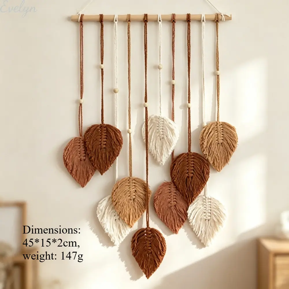 Bohemian Macramé Dream Catcher Wall Hanging Leaf Shapes with Rattan Accents, Wind Chime Tassels, Mountable Outdoor Art for Campsite Decor, Hammock-Ready Boho Tapestry Wall Decor