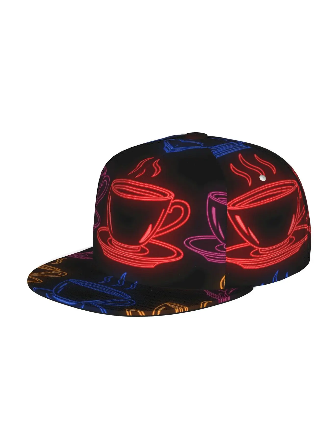 Neon Coffee Cups Pattern, Men Women Unisex Flat Brim Baseball Cap, Hip Hop Streetwear Snapback Trucker Hat for Skateboarding Dance Outdoor Sports, Adjustable Punk Style Sun Hat Snapback