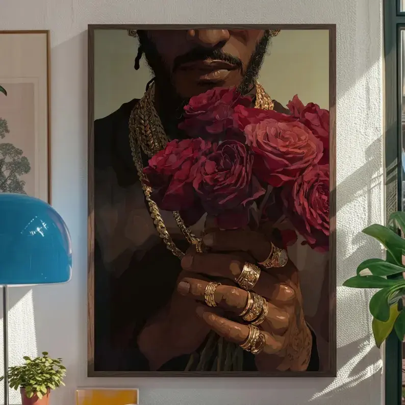 Black Man with Roses Wall Art, Canvas Or Poster, Urban Hip Hop Art Print, Romantic Black Male Portrait, Gold Jewelry Canvas Decor, Black Art