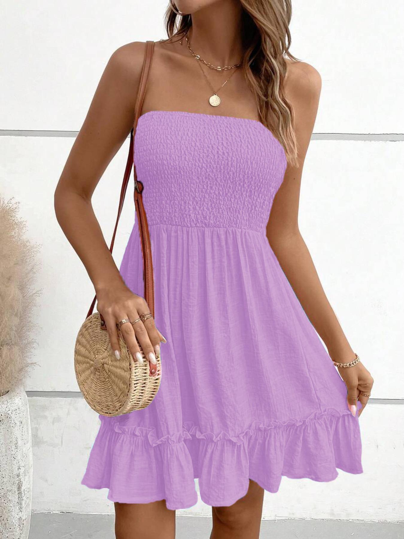 Women's Plain Shirred Tube Dress, Elegant Strapless  Dress for Party Holiday Wedding Guest, Ladies Summer Clothes, Womenswear