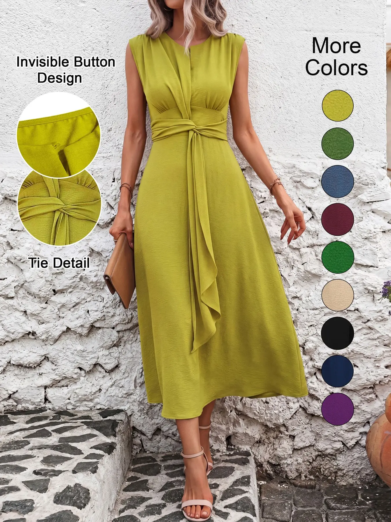 Women's Sleeveless Round Neck Plain Summer Dress, Elegance Slimming Front Design, Waist Cinched A-Line, Perfect for Casual Commuting