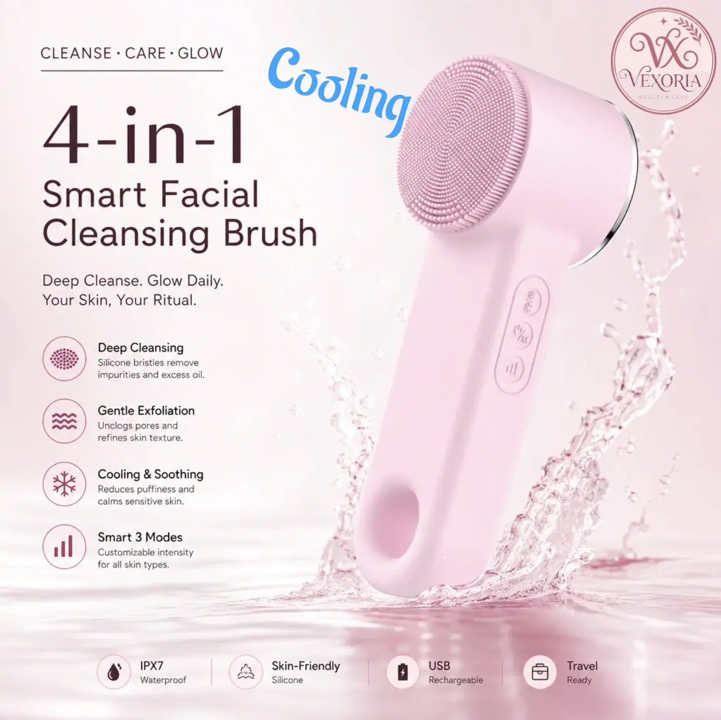 VEXORIA Radiant Silicone Face Cleansing System with Red and Blue LED Light Therapy, Gentle Heat, and Cooling Vibrations, IPX7 Waterproof, Ergonomic Design Facial Daily，Pink