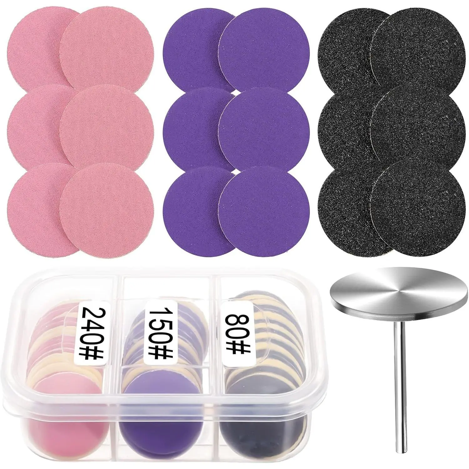 61 count Sanding Paper Discs with Metal  Drill Bit, 25mm Pedicure Disc  Sanding Disk Pedicure Supplies Tools Foot File for Electric Remover  Callus (#80#150#240 Grit)