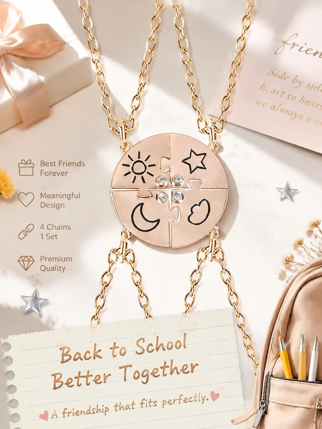 4PCS Matching Puzzle Friendship Necklace Set for Best Friends, Sun Moon Stars Cloud Pendant Necklace, BFF Jewelry Gift for Girls, Sister Gift, Back to School Friendship Gift