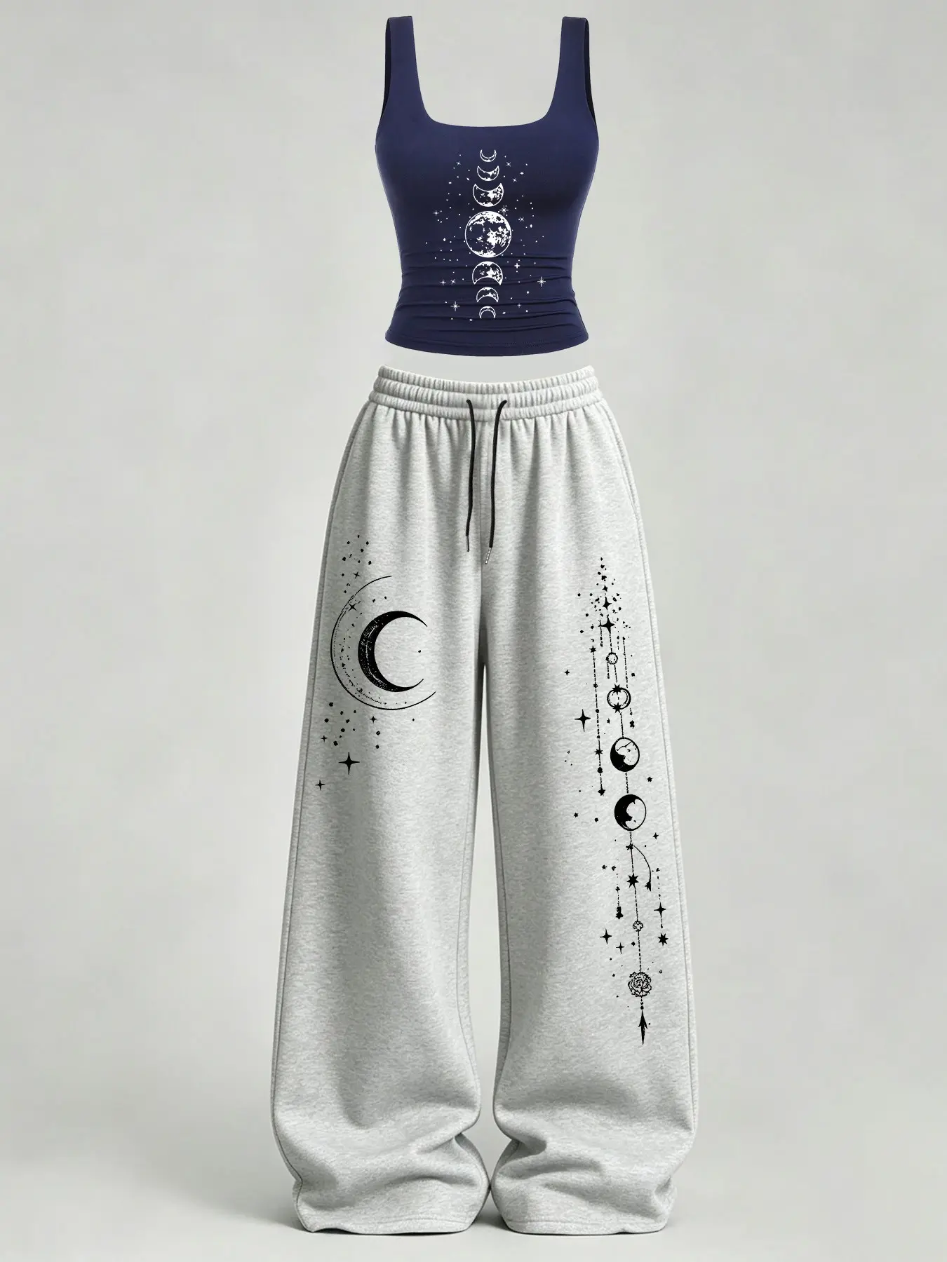 Women's Star Moon Print Casual Set, Slim Fit Tank Top and Loose Pants with Pockets, Y2K Street Style for Daily Wear, Campus and Home