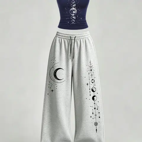 Women's Star Moon Print Casual Set, Slim Fit Tank Top and Loose Baggy Pants with Pockets, Y2K Street Style for Daily Wear, Campus and Home