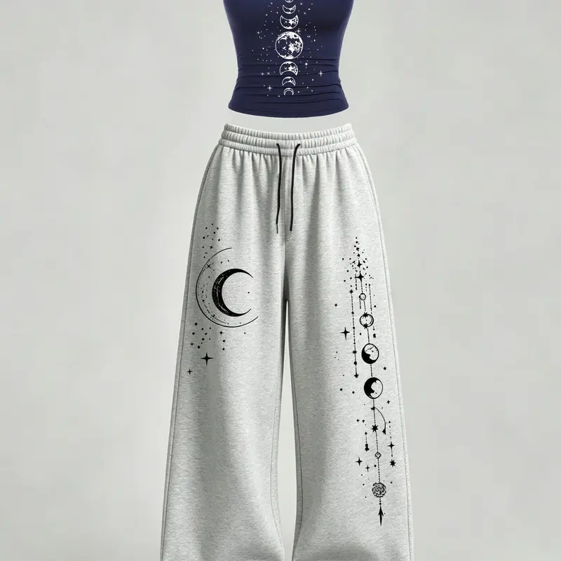 Women's Star Moon Print Casual Set, Slim Fit Tank Top and Loose Baggy Pants with Pockets, Y2K Street Style for Daily Wear, Campus and Home
