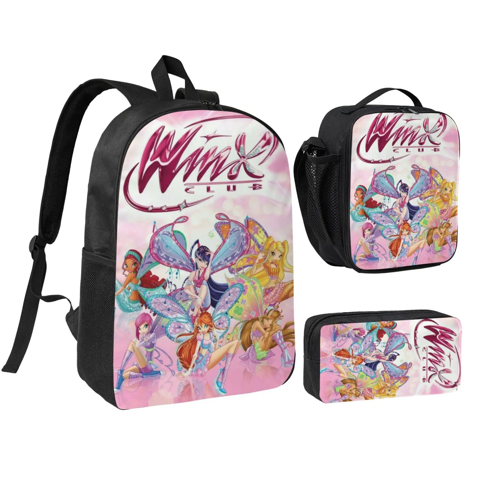 Kawaii Character Print Pattern Backpack Set for Kids, Adjustable School Backpack with Lunch Box & Pencil Case for Back to School Haul & Travel, Kawaii Backpack, School Style Backpack