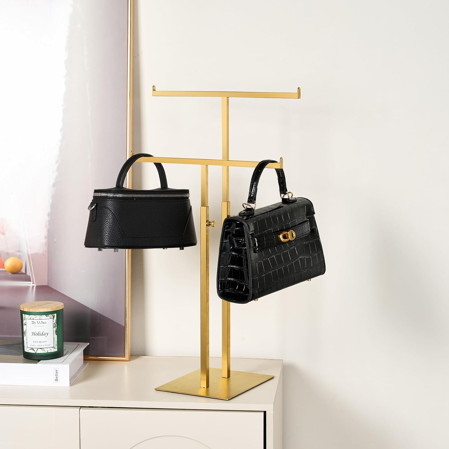 Purse Display Stand  Towers, Double T-Shaped Tabletop Stainless Steel Hook Hanging Adjustable Height Handbag Holder for Organizer Luxury Bags Necklaces Home Store Boutique Retail Closet