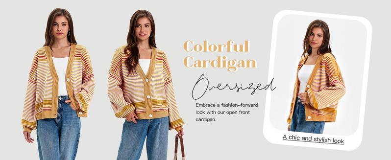 lmily Bela Womens Striped Cardigan Sweaters Oversized Puff Sleeve Button Up V Neck Color Block Knit Sweater Coat