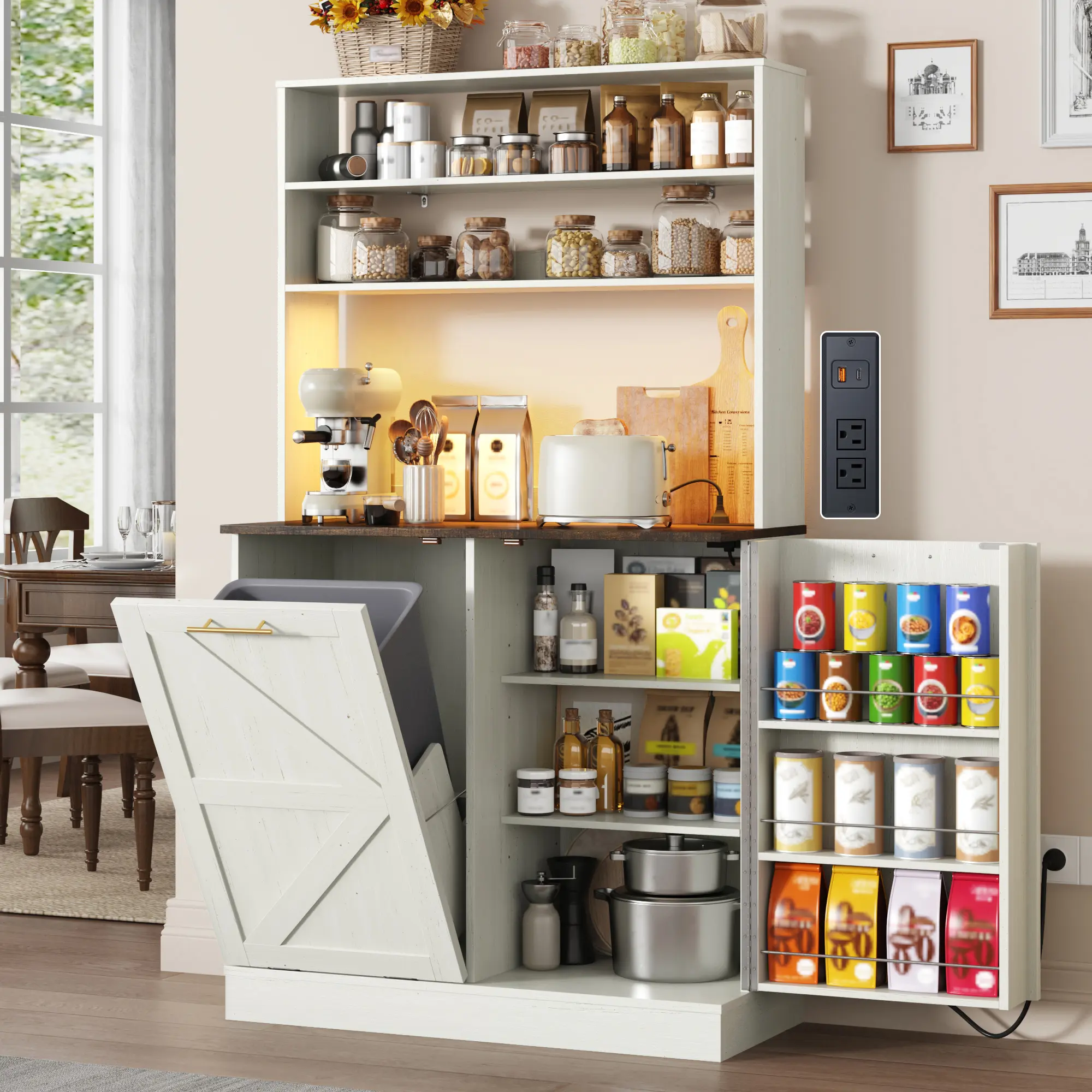 63" H Pantry Cabinets with 10 Gallon Trash Can,Led Light,Outlet,35" W Kitchen Hutch with Tilt Out Trash Can Cabinet,Farmhouse Cupboard with Large Countertop for Living Room,Dining Room,Brown/Antique White/Dark Rustic Oak