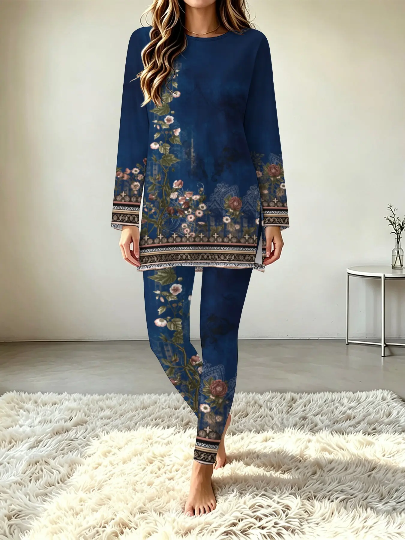 2026 Autumn-Winter Printed Round-Neck Split Long-Sleeve Top with Slim-Fit Base Pants - Leisure Outdoor Home Two-Piece Women's Set Lounge Wear Set