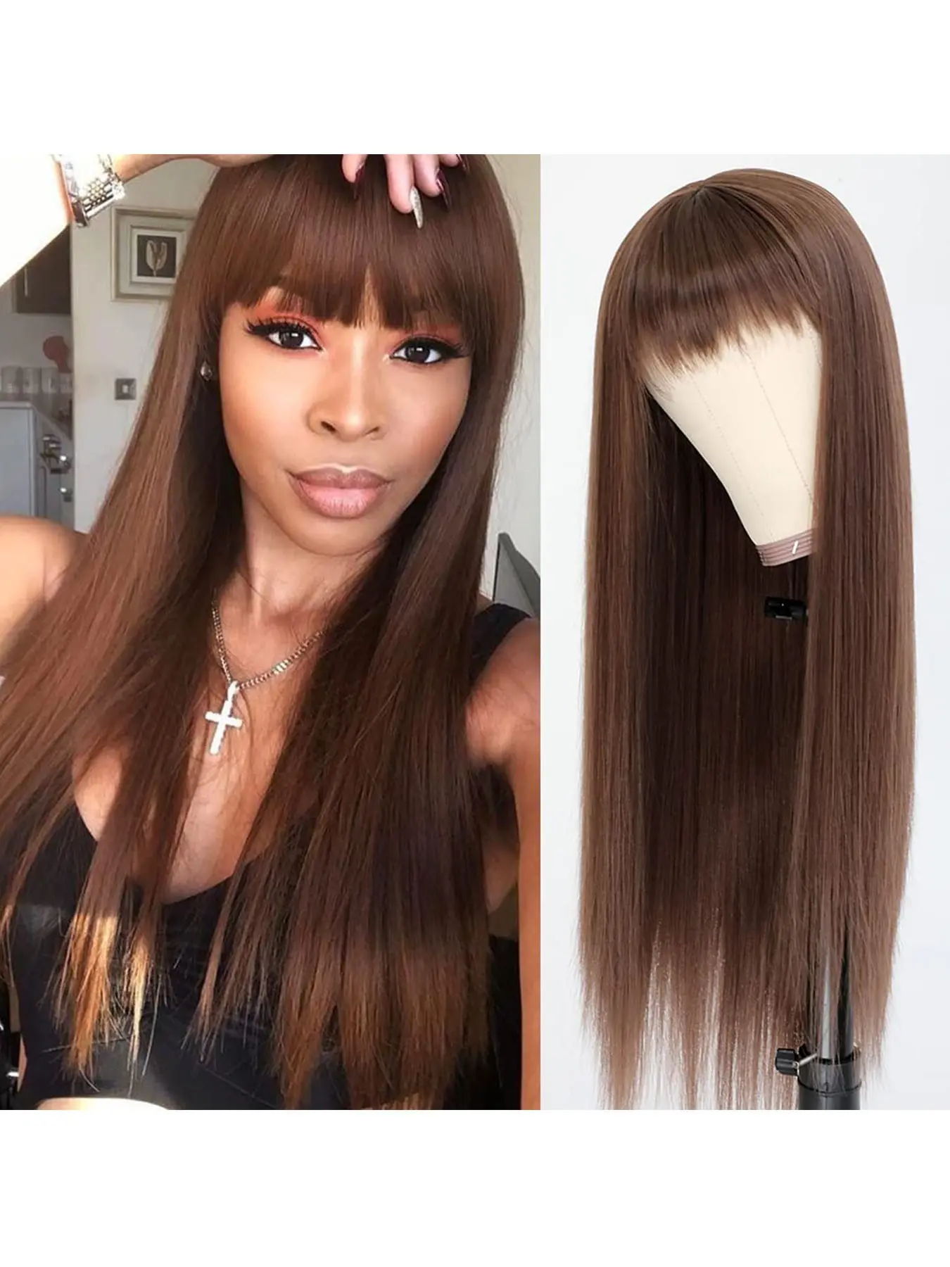 Chocolate Brown Straight Wigs with Bangs Synthetic Wigs for Women Temperature Resistant Fiber Wig None Lace Front Wigs 200% Density 26 Inch Natural Soft Hair Glueless Machine Made Wig Synthetic Hair Wigs with Full Bangs