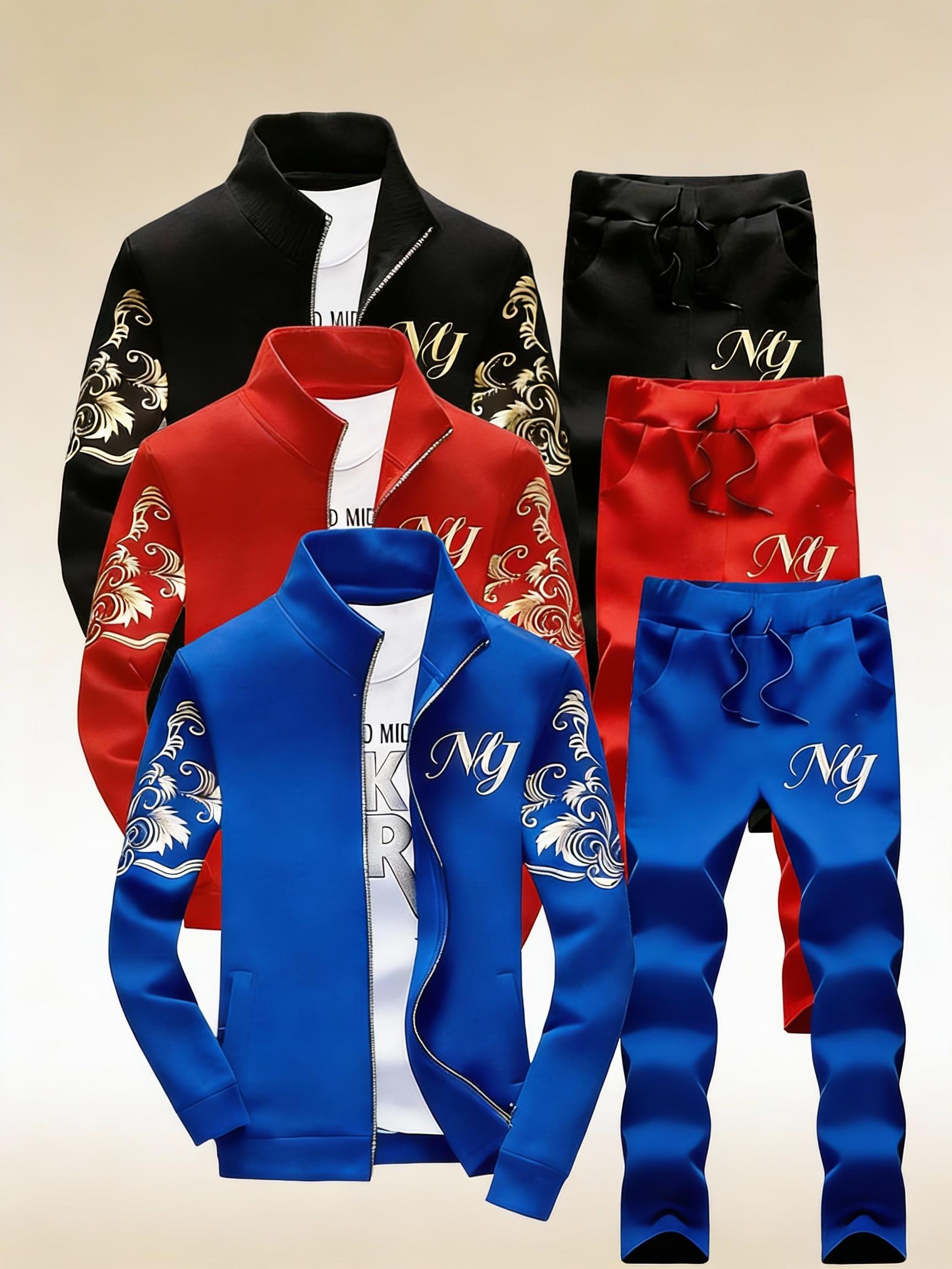 Fashion Men's 3-Piece Coordinated Set with Embroidered Logo and Zipper Closure in Black Red and White