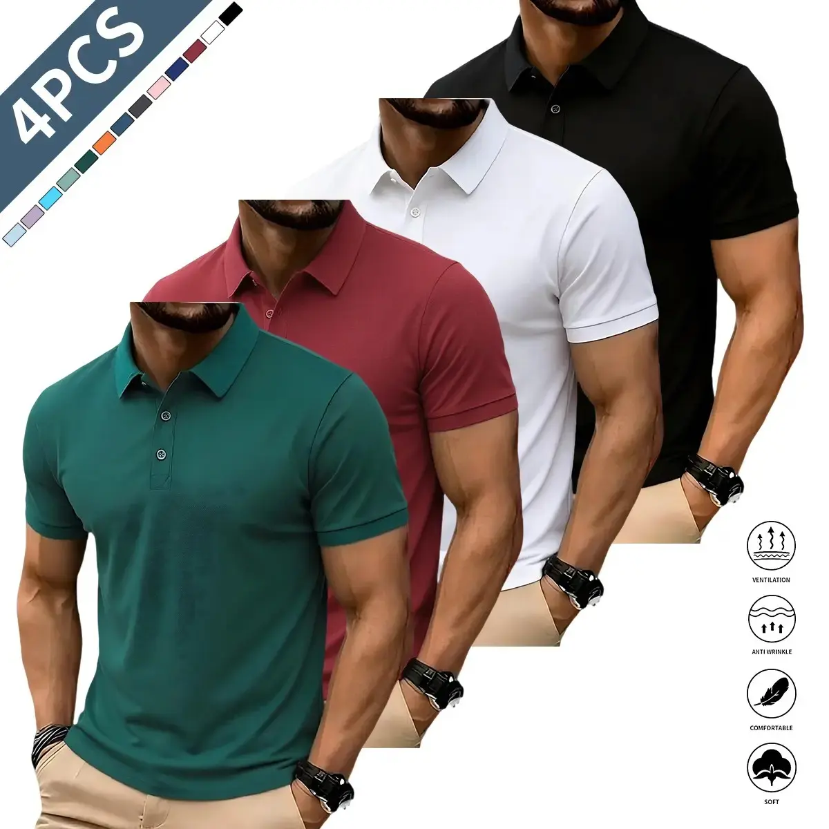 Collection – 4 Pieces – Loose Fit – Men’s Casual Polo Shirt – Stretch Fabric | 200+ GSM | Elastic Cuffs, Solid Color Basic, Men’s Bowling/Golf Clothing, Suitable for Everyday Wear, Summer Business Style