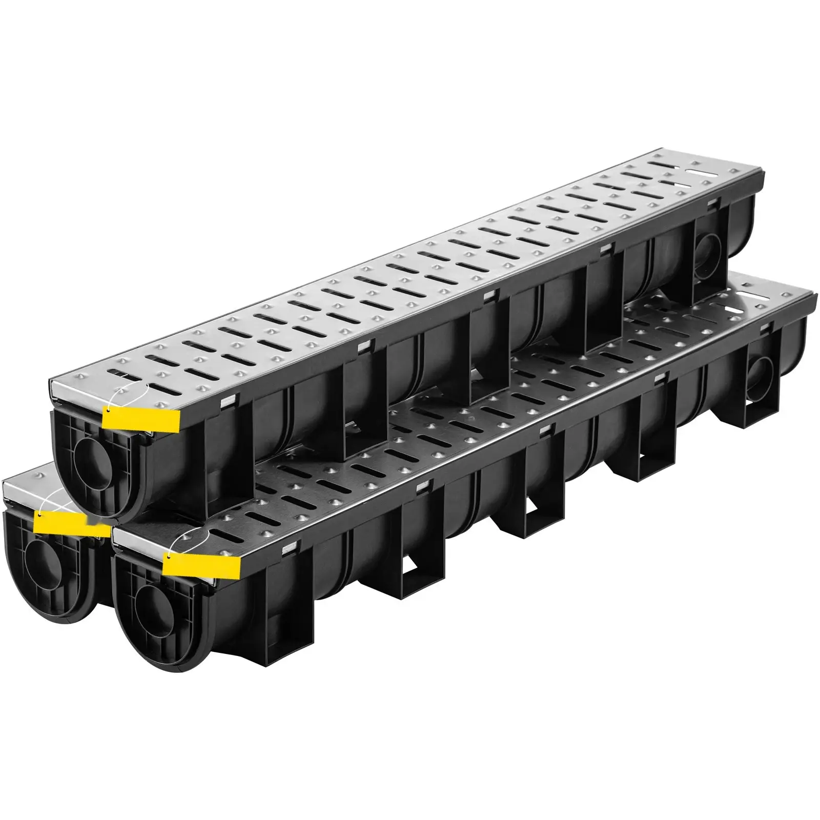 Trench Drain System With Metal Grate, HDPE Channel Drain 5.9x5.1-Inch Black Drainage Trench For Garage Floor, Includes Three 39-Inch Grates And Three End Caps, Suitable For Garden, Driveway And Outdoor Surfaces, 3 Pack