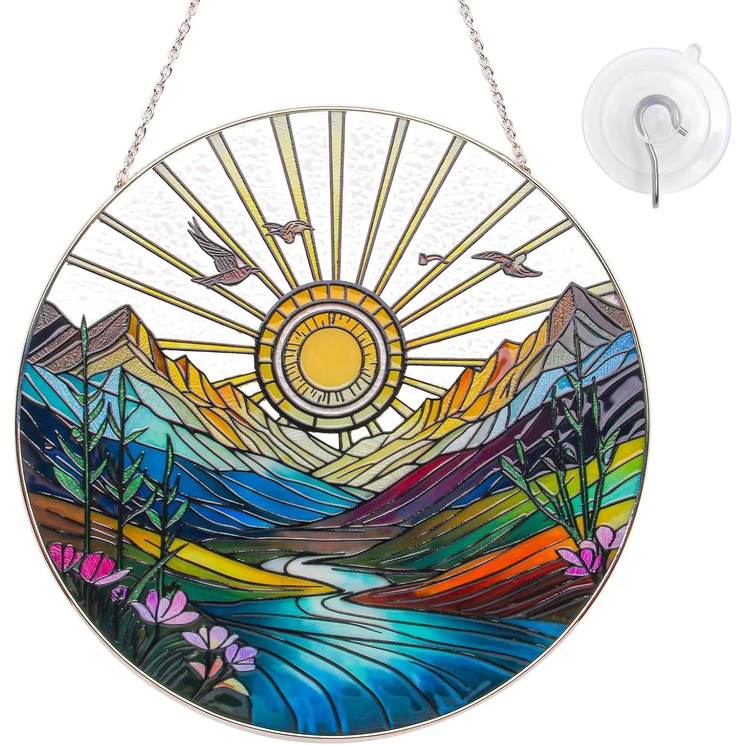 Sun Mountains Hangable Round Stained Glass Sun Catcher - Sunrise Sunset Design, Handcrafted Art Panel, Whimsical Home Decor, Indoor/Outdoor Light Catcher Gift (6in)