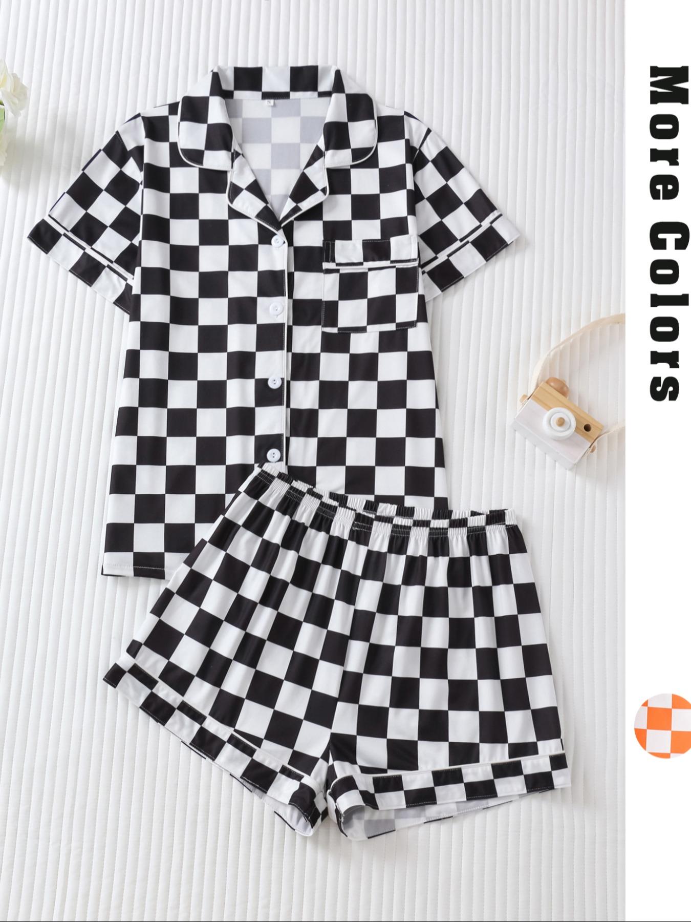 Women's Checkerboard Print Lapel Neck Pajama, Casual Comfy Short Sleeve Button Front Chest Pocket Design Top & Elastic Waist Shorts PJ Set, Ladies Summer Sleepwear Loungewear