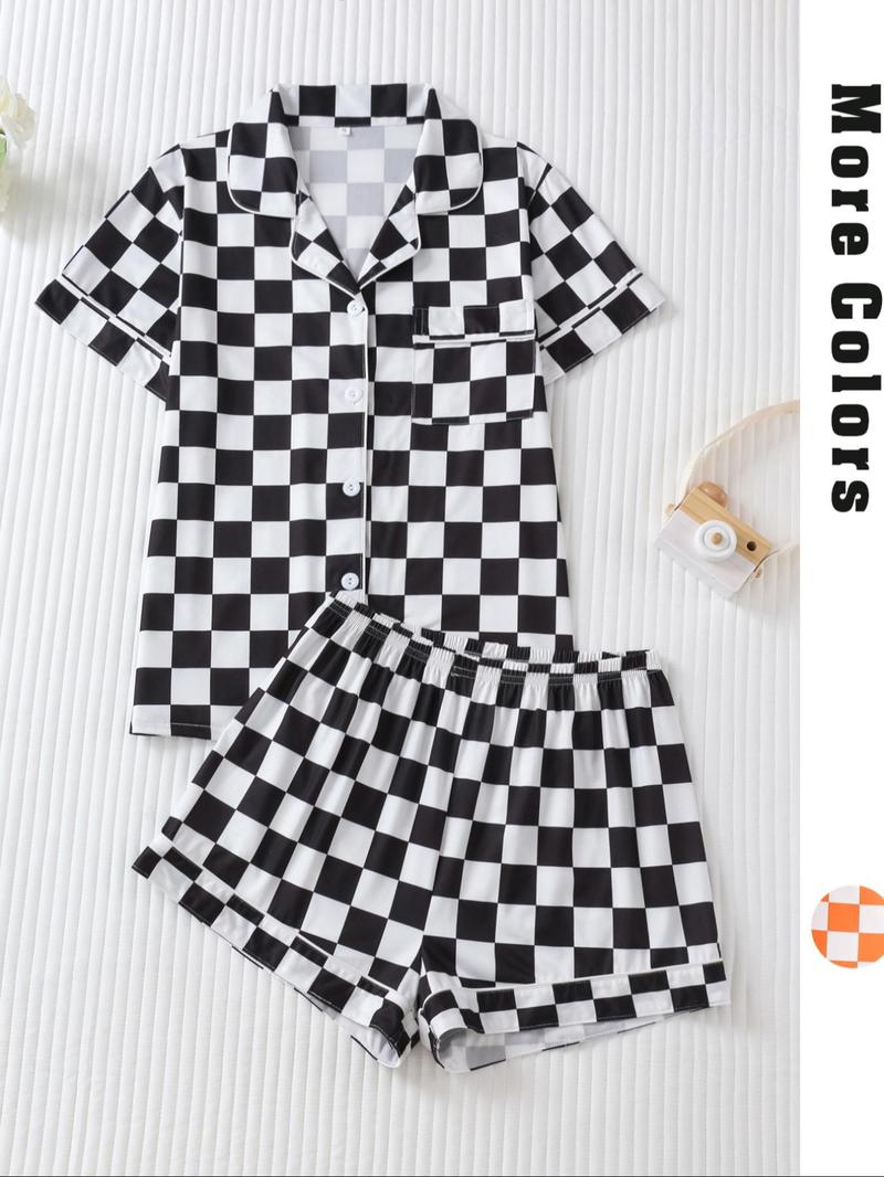 Women's Checkerboard Print Lapel Neck Pajama, Casual Comfy Short Sleeve Button Front Chest Pocket Design Top & Elastic Waist Shorts PJ Set, Ladies Summer Sleepwear Loungewear