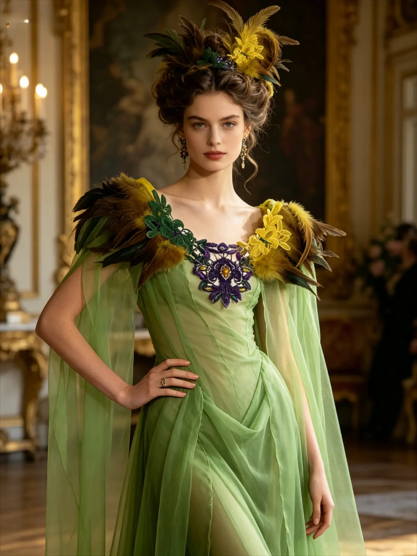 The new carnival feather cape shawl with fur collar, tulle midi skirt, and diamond embellishments for ball party dressing Boho