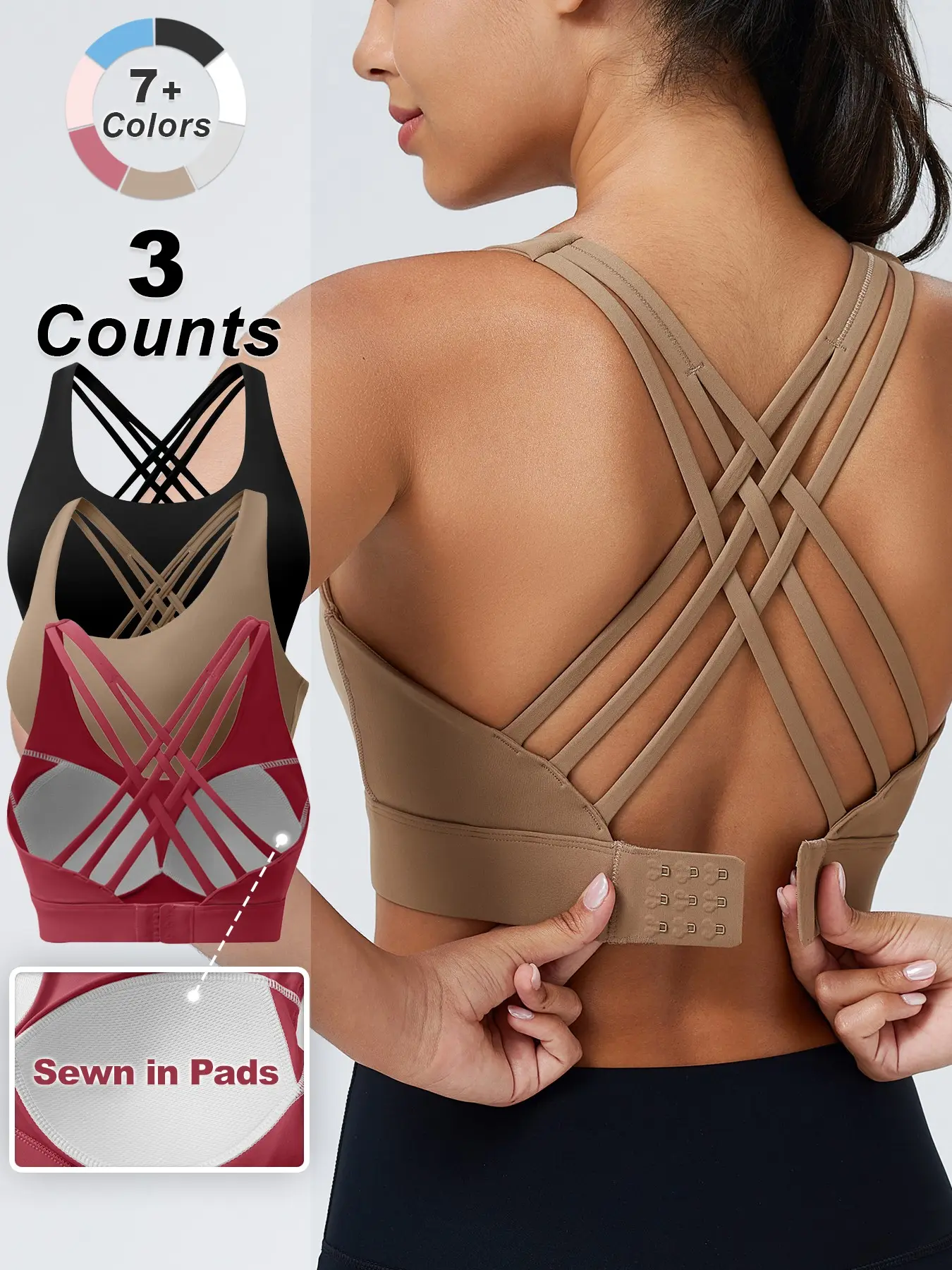 Sports Bra with Sewn in Pads,3 Row Adjustable Hook-eye Closure Criss-Cross Back,Soft and Breathable Non-removable Moulded Cups,High Impact Running Workout Bras for Women, Supportive Gym Bra,MothersDay Gifts