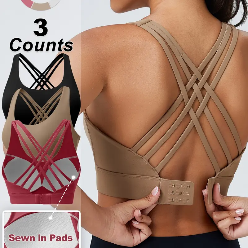 Sports Bra with Sewn in Pads,3 Row Adjustable Hook-eye Closure Criss-Cross Back,Soft and Breathable Non-removable Moulded Cups,High Impact Running Workout Bras for Women, Supportive Gym Bra, Fitness Bra,MothersDay Gifts