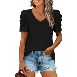 Womens Summer V Neck Casual Tops Puff Sleeve T Shirt Solid Color XS-3XL