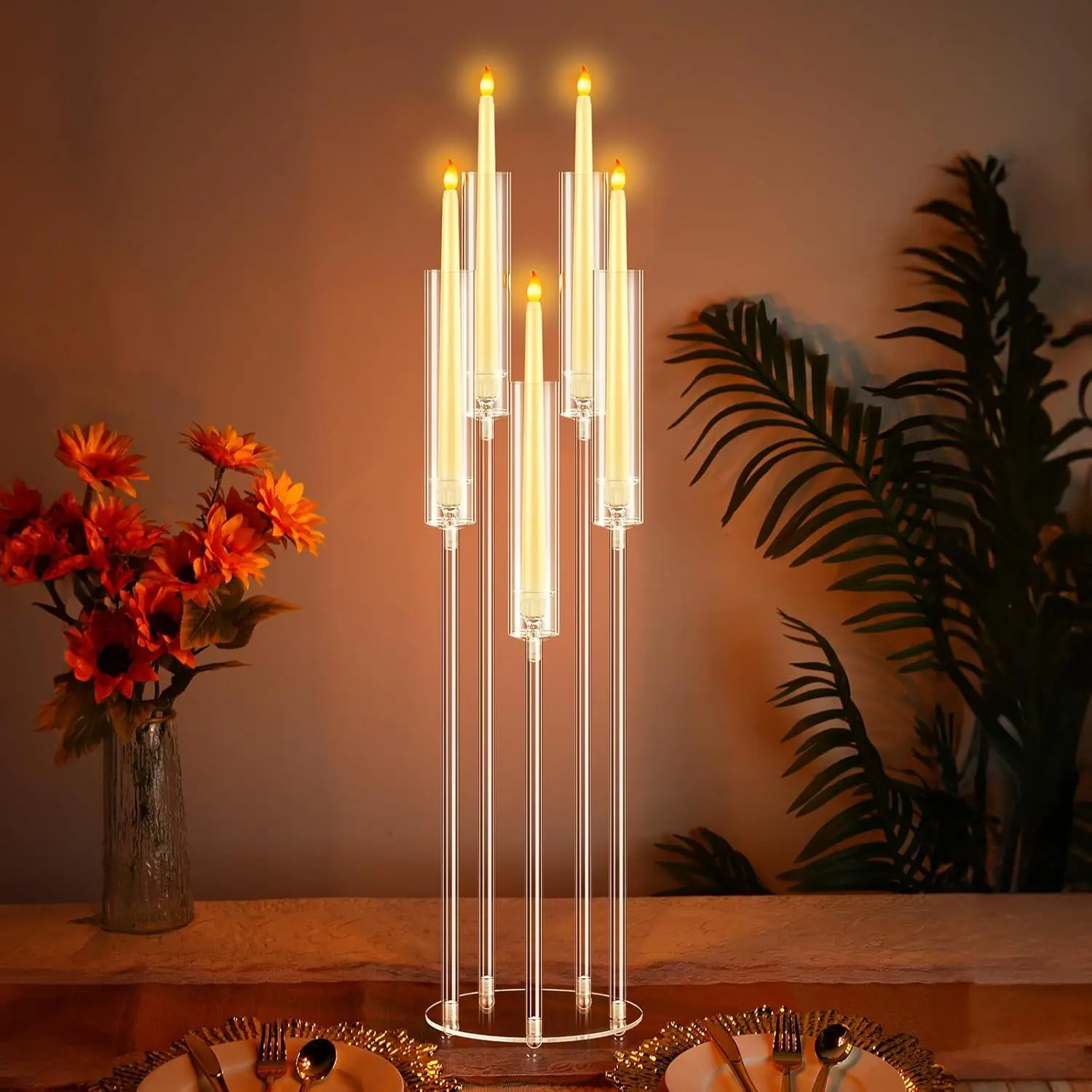 5-Arm Candle Holder Set, Transparent Acrylic Design for Wedding & Party Decorations, Romantic Tabletop Centerpiece for Special Occasions