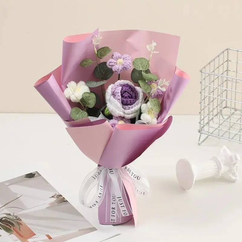 Handmade Crochet Flower Bouquet, Artificial Flower Bundle, Birthday Gift Knitted Yarn Flowers, Home Decor, Party Decoration, Ornamental Floral Arrangement