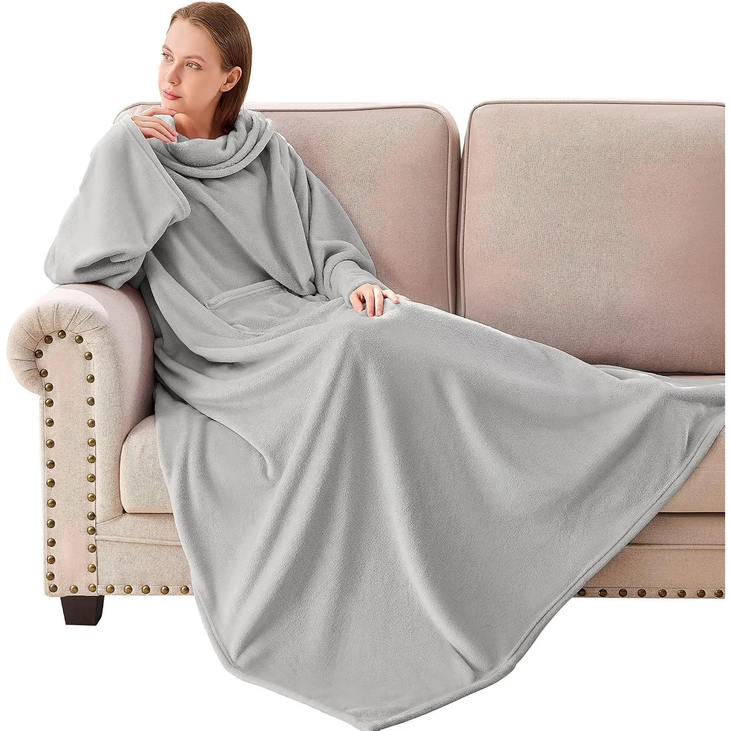 Fleece Wearable Blanket with Sleeves,  Snuggle Robe, Grey | Cozy Plush Flannel, 69x55", Big Pocket, TV Blanket,Fall Winter Dorm Essentials or Office, Christmas Birthday Gifts for Women