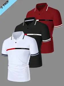 3-Pack Men's Multicolor Polo Shirts, Summer Polos, Paris Print, Casual Business Style, Short Sleeve, Fitted, Plain Surface, Unlined