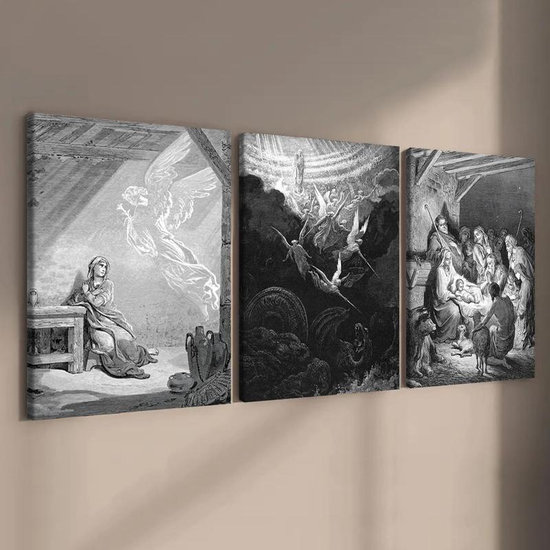 3 Counts Wooden Framed Canvas, Nativity Scene Angel Mary Jesus, Exquisite Poster, Perfect Living Room Decoration, Fashion Family Poster, Wall Art Decoration, Odorless, Waterproof, Artwork, Western Wall Art