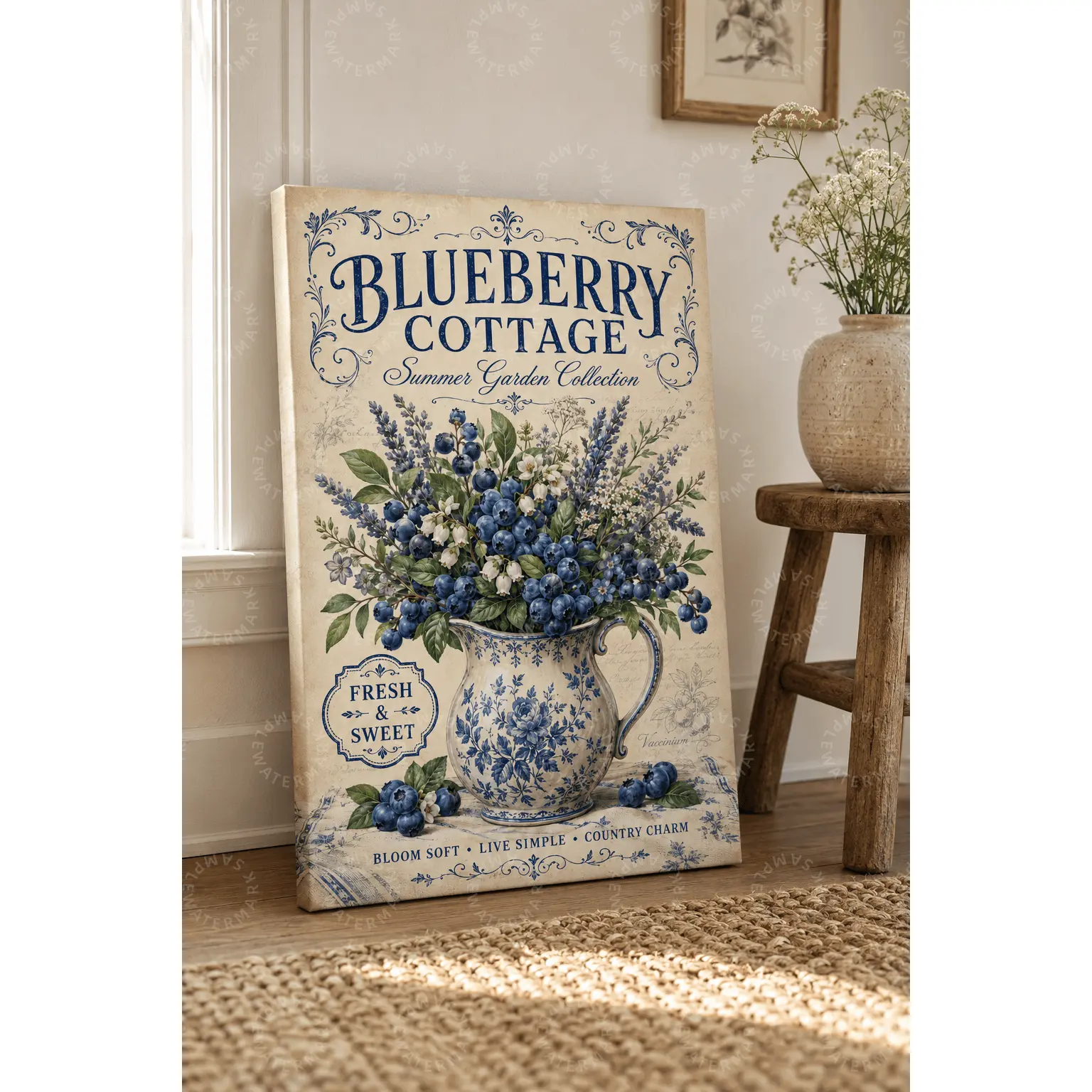 Blueberry Cottage Canvas Wall Art, Vintage Blueberry Botanical Poster, Cottagecore Farmhouse Kitchen Decor, Blue White Pitcher Fruit Floral Aesthetic Print, Bedroom Living Room Office Wall Decor Gift