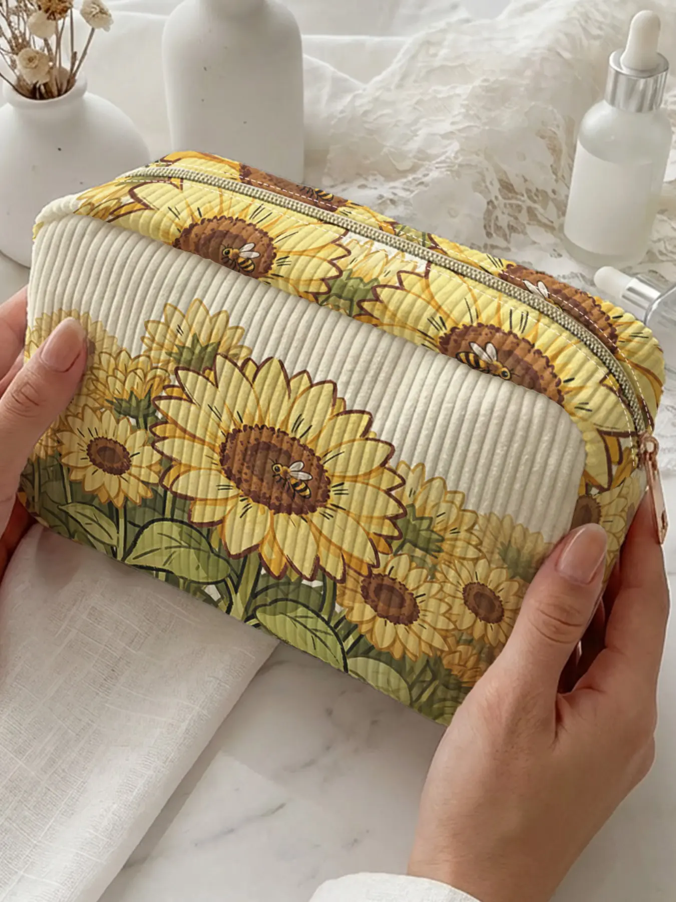 Sunflower Pattern 2D Print Makeup Bag, Large Capacity Design, All Seasons Use, Fits Daily Skincare & Cosmetics, Versatile Travel Companion