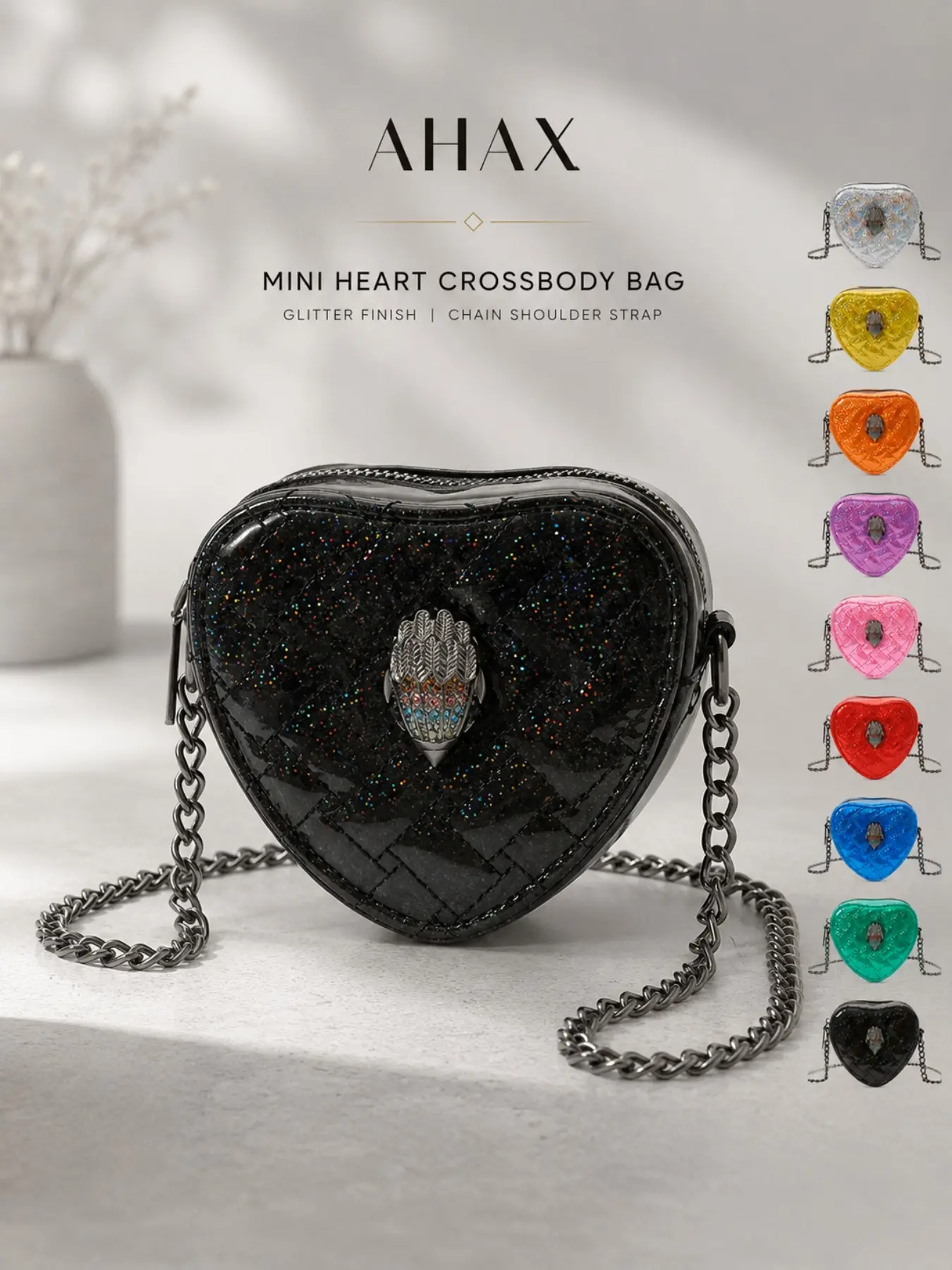 Ahax Y2K Women's Crossbody Bag, Glitter Heart Eagle Buckle Mini Chain Bag, Barbie Style Sexy Shoulder Bag, Earphone Coin Accessory Pouch