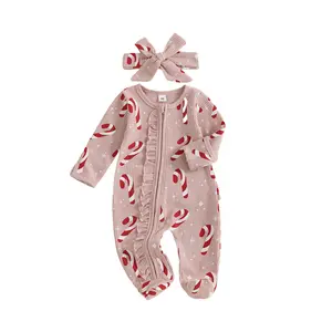 Kupretty Newborn Infant Baby Girls Christmas Jumpsuit Long Sleeve Gingerbread Print Ruffle Trim Footed Romper with Headband