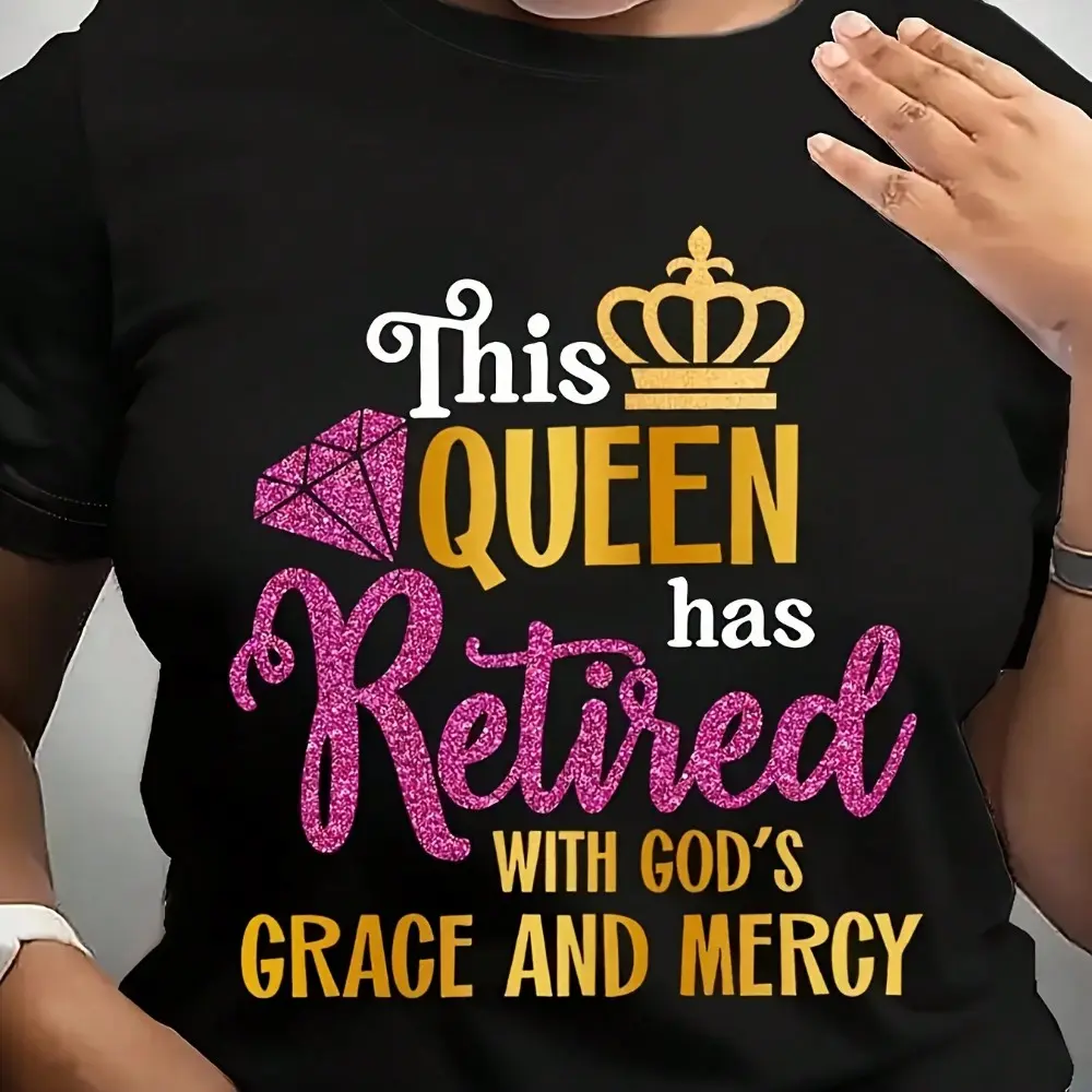1 Pcs 100% Cotton Retired Queen Graphic Tee - Comfortable Crew Neck, Short Sleeve, Casual Summer Top For Women - Funny Retirement Gift Idea