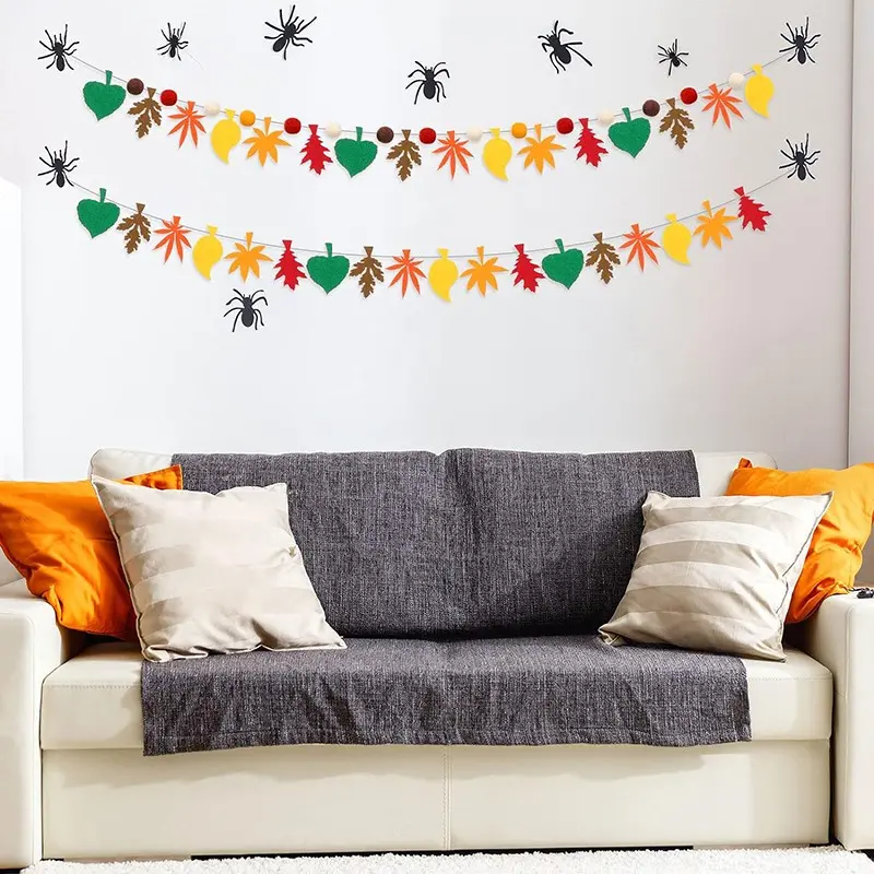 2 Piece Thanksgiving Felt Ball Wreath, Maple Leaf Felt Autumn Banner, Fall Decor Ornament Set for Home Fireplace and Wall Decoration